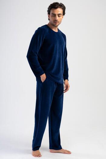 VİENETTA Men's Long Sleeve Velvet Indigo Pajamas Set C0T0N1O304