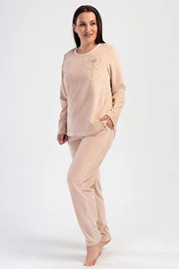 VİENETTA Women's Plus Size Velvet Long Sleeve Beige Pajamas Suit C9T8N0O304
