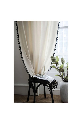 Perdeplus Natural 100% Cotton Linen Look Black Tassel Detailed Background Curtain - Single Wing