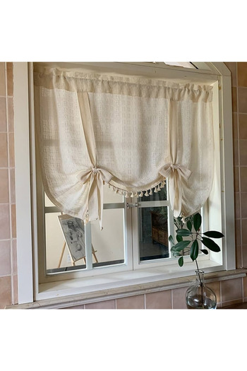 Perdeplus Retro Natural Background Curtain - Tasseled and Tie Detailed, 100% Cotton Skirt