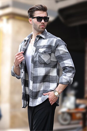 Madmext Gray Patterned Men's Fleece Shirt with Chest Pockets 6754
