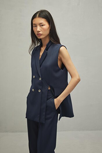 Fahhar Navy Blue Women's Vest - Slit Detail