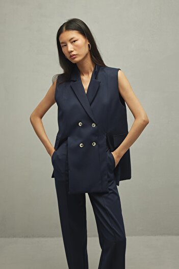 Fahhar Navy Blue Women's Vest - Slit Detail