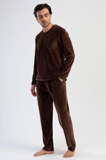 VİENETTA Men's Long Sleeve Velvet Brown Pajamas Suit C8T9N0O304