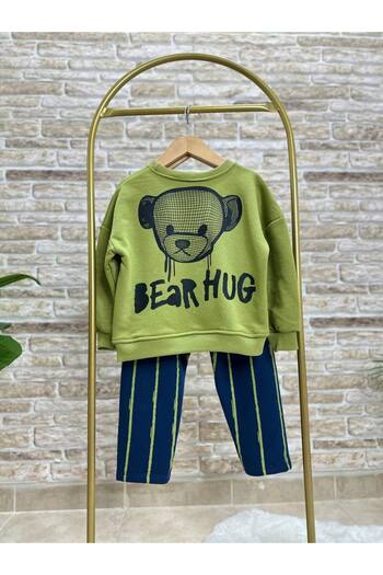 Ladin Store Yeni Sezon Erkek Çocuk Pamuklu Ayıcık Baskılı Sweatshirt ve Jogger Pantolonlu Alt-Üst Takım