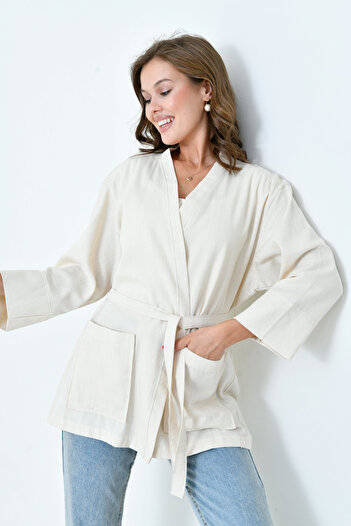 mirach Cream Women's Pocket Jacket |   Long Sleeve Belted Kimono |   Premium Raw Cotton Fabric