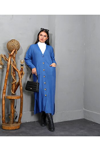 Bracha Corded Pattern V-Neck Comfortable Fit Pocket Model Long Knitwear Cardigan