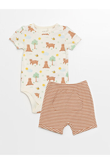 LC Waikiki Crew Neck Short Sleeve Printed Snap Body and Shorts 2 Piece Set