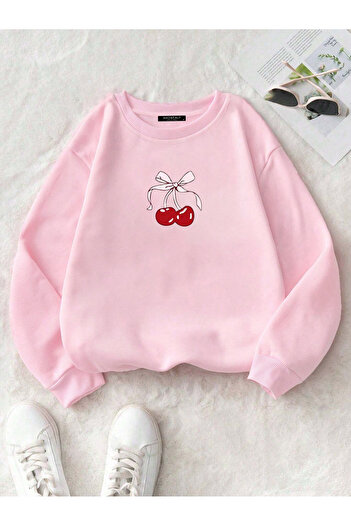 Mad&Calf Women's Red Cherry Printed Oversize Fleece Sweatshirt