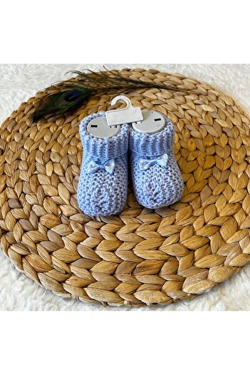 anne dokunuşu gibi KUZUM BEBE 3’lü Kurdeleli Mavi Gri Vizon Kız Erkek Bebek Triko Patik