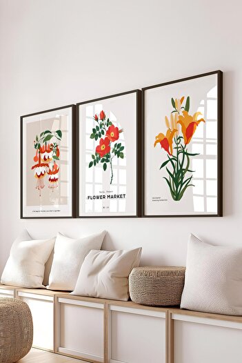 Postifull Çerçeveli Tablo Seti, 3 Adet Siyah Çerçeve ve Minimalist Botanik Temalı Poster Seti, No:300476