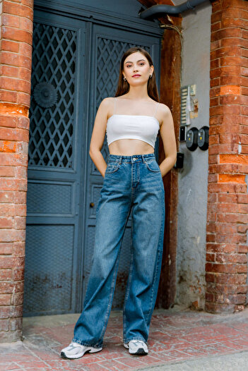 Maule Mavi Yüksek Bel, Geniş Paça Denim Geniş Paça Palazzo Kadın Jean Kot Pantolon @asti