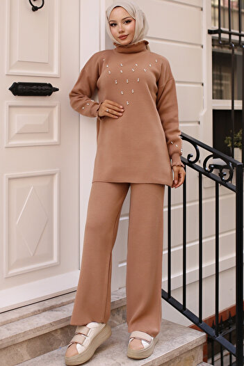 benguen 6077 Model Mink Knitwear Set - Stone Detailed