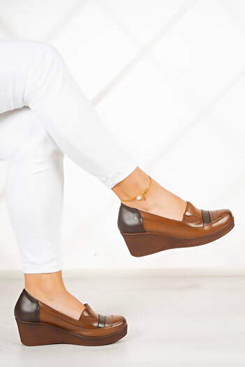 Erkan Saçmacı Anya Tan Genuine Leather Wedge Heeled Casual Shoes