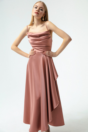 Lafaba Women's Pink Flounced Slit Satin Midi Length Evening & Graduation Dress
