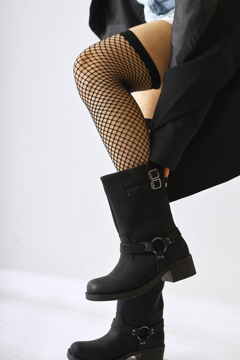 Limoya Maggie Black Buckle Λεπτομερείς ελαστικές μακριές γυναικείες μπότες, γυναικεία μποτάκια