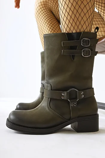 Limoya Maggie Khaki Buckle Λεπτομερείς ελαστικές γυναικείες μπότες μακράς έλξης, γυναικεία μποτάκια