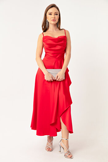 Lafaba Women's Red Flounce Slit Satin Midi Length Evening Dress & Graduation Dress