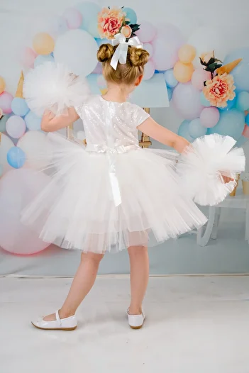 Delfini kids Girls' Evening Party Dress with Buckle and Pompom Sleeves