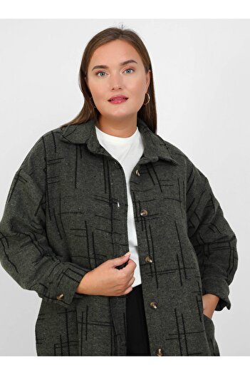 ALİA Large Size Patterned Oversize Stamp Jacket - Khaki - Black - Alia