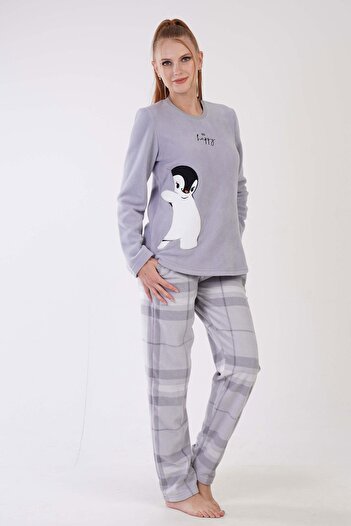 VİENETTA Women's Fleece Long Sleeve Gray Pajamas Set C7T8N1O303