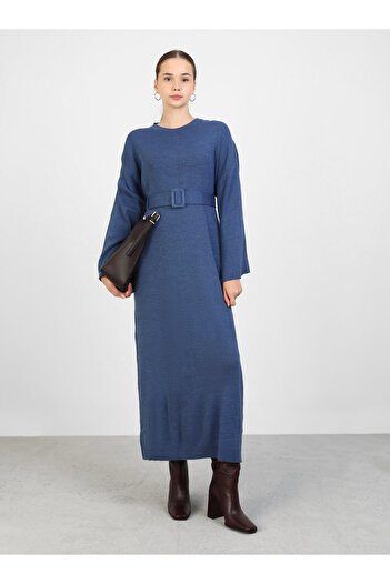 Refka Indigo Knitwear Hijab Dress - Belt Detailed - Refka