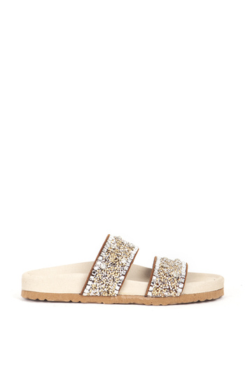 Dericlub Genuine Leather Stoned Double Banded Women's Slippers - Zy 7866 Tan