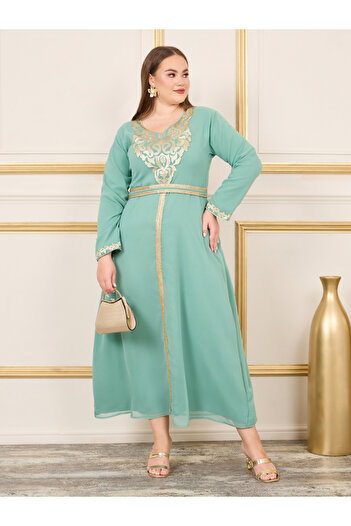 Maxim Creation By Styli Plus Embroidered Lace Trim Belted Jalabiya