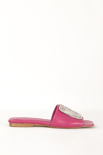Dericlub Fuchsia Stumpy Toe and Stone Detailed Stylish Women's Slippers - Zy 7667 Genuine Leather