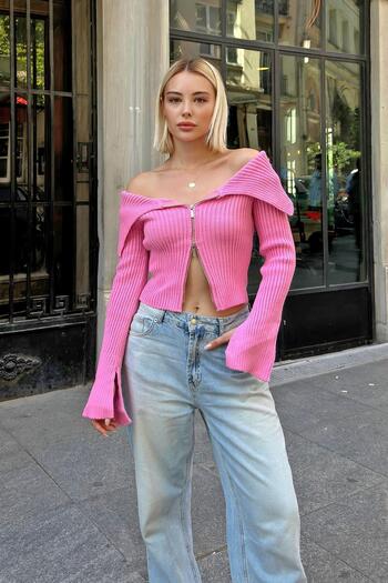 Swist Pembe İspanyol Kol Degaje Yaka Fermurlı Örme Kadın Triko Crop Kazak
