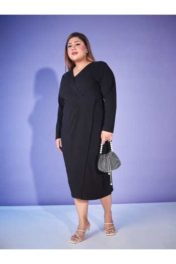 Sassafras By Styli Plus Wrap Midi Dress with Long Sleeve