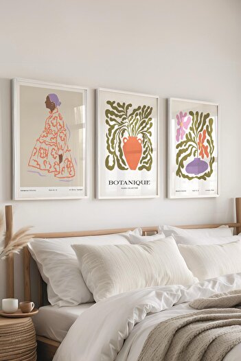 Postifull Çerçeveli Tablo Seti, 3 Adet Beyaz Çerçeve ve Minimalist Çizim Temalı Poster Seti, No:300584