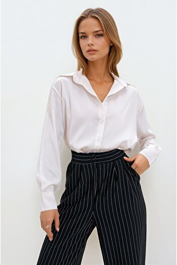 VAGGON Women's Satin Woven Comfortable Cut Shirt - Cream Prm1205