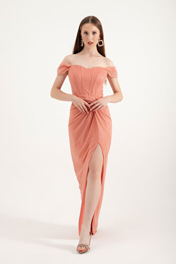 Lafaba Salmon Colored Double Breasted Cut Long Glitter Women's Evening Dress