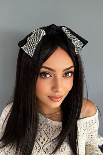 TAKIŞTIR Black Color Ribbon Figured Stone Detailed Satin Crown