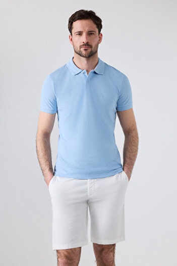D'S Damat Light Blue Embroidered Polo Collar - 100% Cotton Regular Fit T-shirt