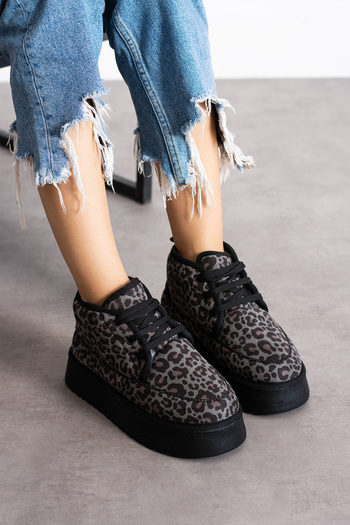 SOLDOY Black Leopard Suede Midi Boots - Thick Sole, Fur Inside, Half Lace up