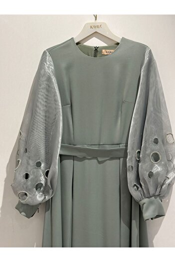 Kayra Satin Dress with Embroidered Sleeves