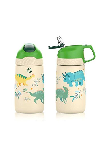 Uzspace Vagonlife VGN2055 - Green Dinosaur 350ML Steel Thermos with Straw