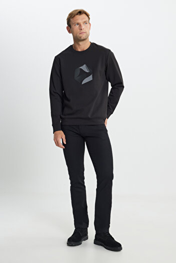 ALTINYILDIZ CLASSICS Men's Black Cotton Standard Fit Regular Cut Crew Neck Printed Sweatshirt