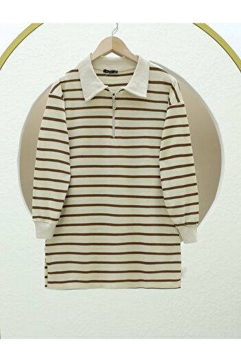 Modamorfo Polo Neck Striped Slit Tunic -Brown