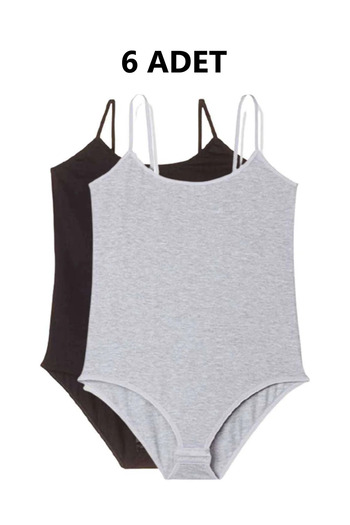 PİERLES 6 pieces Women's bodysuit - Rope Strap, Snap Fastener, black and White Gray bodysuit