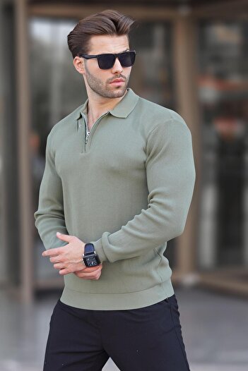 Madmext Men's Polo Collar Zippered Long Sleeve KHaki Sweater 7240