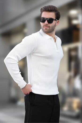 Madmext White Polo Collar Zippered Long Sleeve Men's Sweater 7240