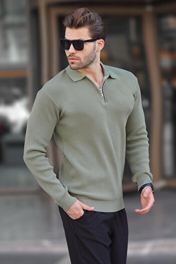 Madmext Men's Polo Collar Zippered Long Sleeve KHaki Sweater 7240