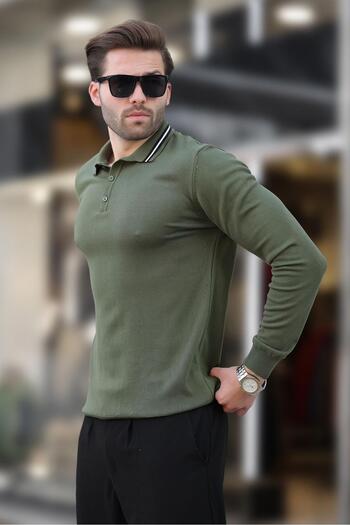 Madmext Khaki Polo Collar Buttoned Long Sleeve Sweater 7269