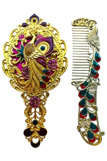 GALATA GIFT Ayna Tarak Seti, Tavuskuşu, Metal, Çeyizlik, Hediyelik Set, Mineli, Canlı Renkli Düğün Seti 15x12