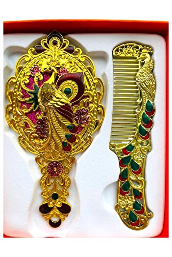 GALATA GIFT Ayna Tarak Seti, Tavuskuşu, Metal, Çeyizlik, Hediyelik Set, Mineli, Canlı Renkli Düğün Seti 15x12