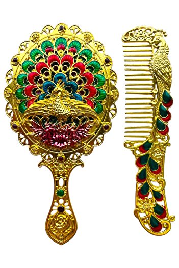 GALATA GIFT Ayna Tarak Seti, Tavuskuşu, Metal, Çeyizlik, Hediyelik Set, Mineli, Canlı Renkli Düğün Seti 15x12