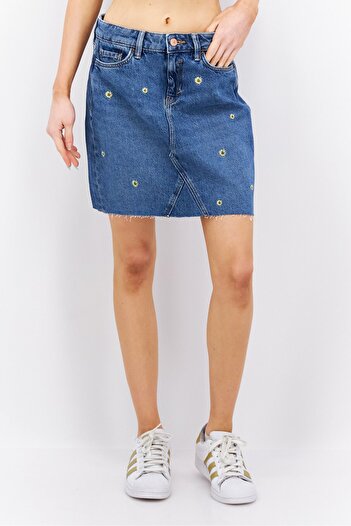 Esprit Women Washed Embroided Denim Skirts, Blue